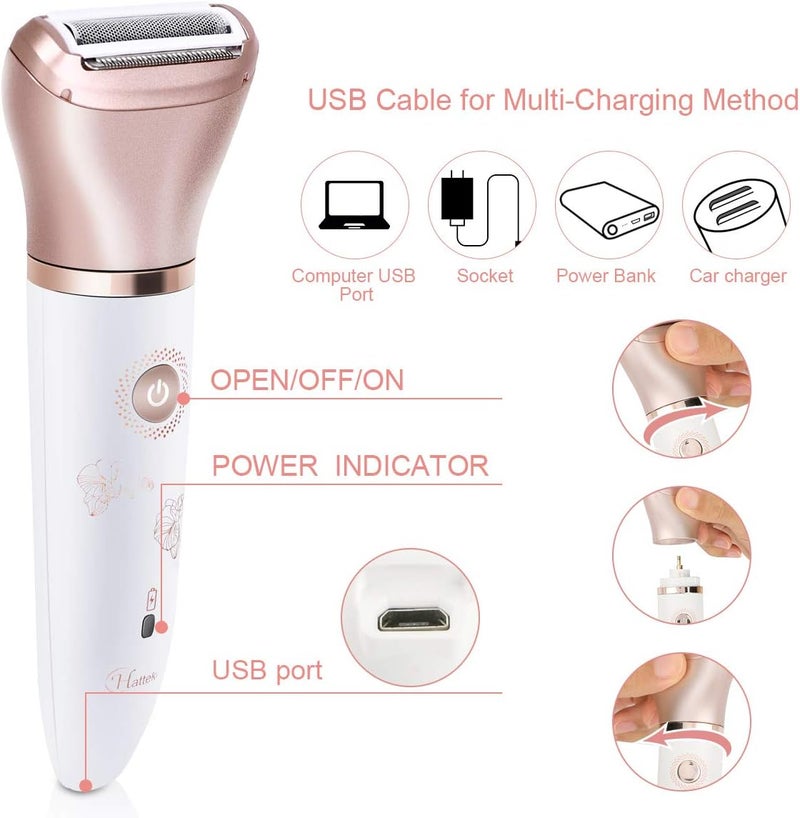 RenFox Electric Razors for Women - Painless 2-in-1 Shaver for Women Hair Remover for Face, Legs and Underarm Wet & Dry, Portable Bikini Trimmer, Lady Hair Removal with 2 Trimmer Heads- Micro USB Recharge - Image 5