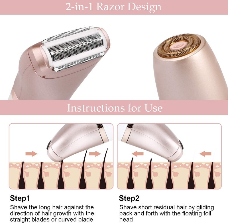 RenFox Electric Razors for Women - Painless 2-in-1 Shaver for Women Hair Remover for Face, Legs and Underarm Wet & Dry, Portable Bikini Trimmer, Lady Hair Removal with 2 Trimmer Heads- Micro USB Recharge - Image 2