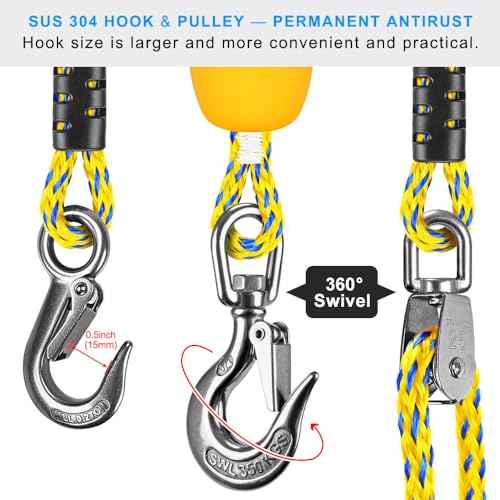 Dolibest 16ft Boat Tow Harness Boat Tow Ropes with Float Easy Connection w 3 Large Stainless Steel Hooks and Pully for Tow 14 Rider Towable Tube - Image 3