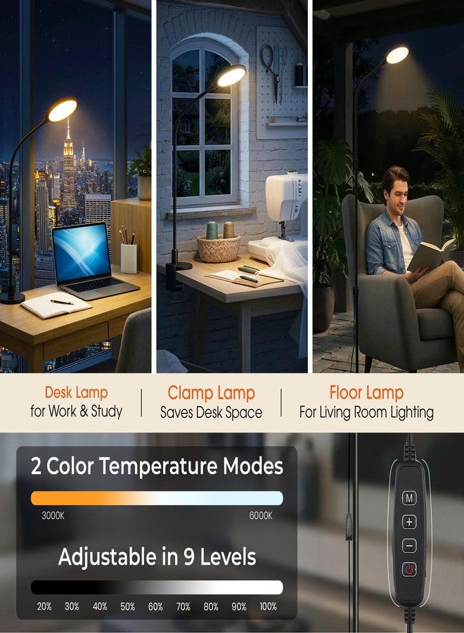 XERGY مصباح أرضي ومشبك ومكتبي XERGY بقوة 12 واط 3 في 1 - متعدد الاستخدامات، وضعان للألوان و9 مستويات تعتيم سلسة، رقبة مرنة قابلة للتعديل، إضاءة LED للعناية بالعين للمنزل والمكتب والحرف اليدوية والدراسة - مصباح واحد (محول الطاقة مرفق) - Image 3