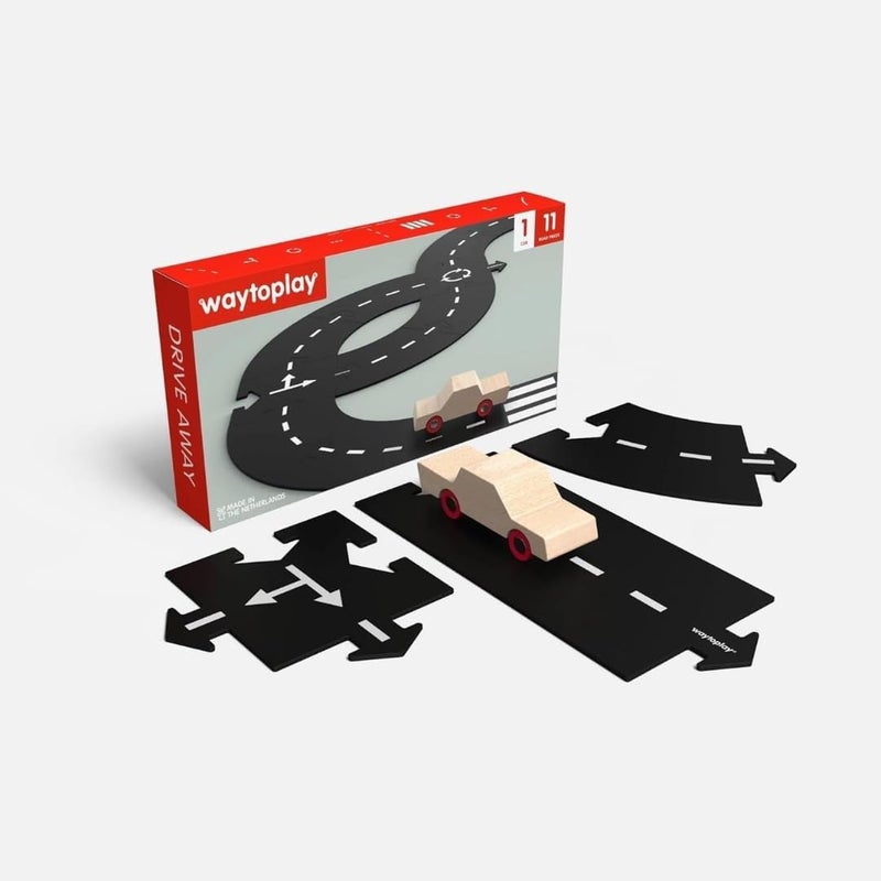 Waytoplay Drive Away - 11 Piece Flexible Road Set with Wooden Car