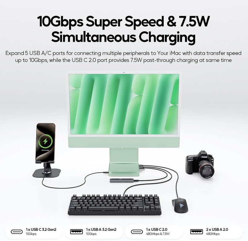 PULWTOP محور USB-C 11 في 1 لـ iMac 24 بوصة 2021 2023 2024 محطة إرساء USB تدعم M.2 SSD (غير مضمنة),ملحقات iMac M1 M3 M4,HDMI 4K,إيثرنت 2.5G,5 منافذ USB A/C 3.2 10 جيجابت في الثانية,SD/TF (أخضر) - Image 5