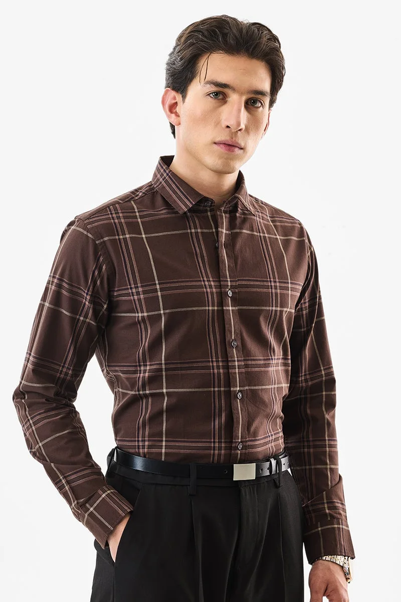 سنيتش Brown Checkered Long Sleeve Slim Fit Formal Luxe Shirt