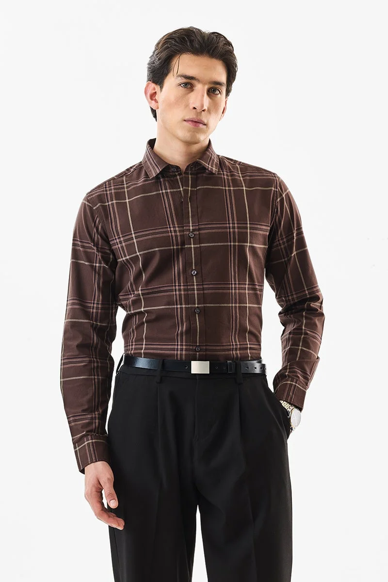 سنيتش Brown Checkered Long Sleeve Slim Fit Formal Luxe Shirt