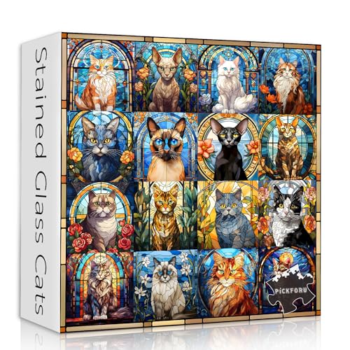 PICKFORU Stained Glass Puzzle Cat Puzzles for Adults 1000 Pieces Colorful Kitty Kitten Collage Puzzles 1000 Pieces Hard Difficult Impossible Challenging Jigsaw Puzzles for Adults - Image 1