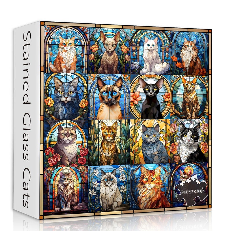 PICKFORU Stained Glass Puzzle Cat Puzzles for Adults 1000 Pieces Colorful Kitty Kitten Collage Puzzles 1000 Pieces Hard Difficult Impossible Challenging Jigsaw Puzzles for Adults - Image 3