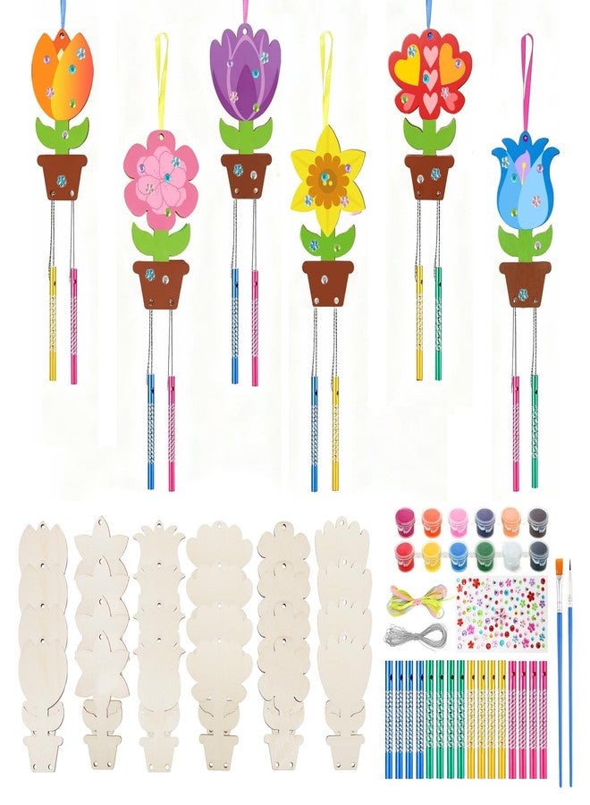 Adboros 24 Pack Flower Wind Chime Craft for Kids Spring Mother's Day Craft Make You Own Home Wind Chimes Ornaments DIY Coloring Wooden Art for Easter Spring Summer Art Activities Birthday Decorations - Image 1