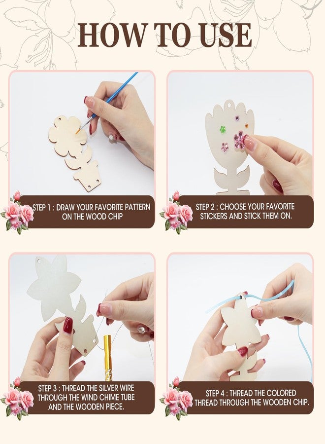 Adboros 24 Pack Flower Wind Chime Craft for Kids Spring Mother's Day Craft Make You Own Home Wind Chimes Ornaments DIY Coloring Wooden Art for Easter Spring Summer Art Activities Birthday Decorations - Image 3