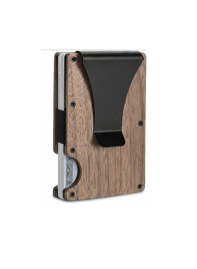 Super Slim Minimalist Front Pocket Blocking Wood Wallets for Men with Money Clip- Walnut Color - Image 1