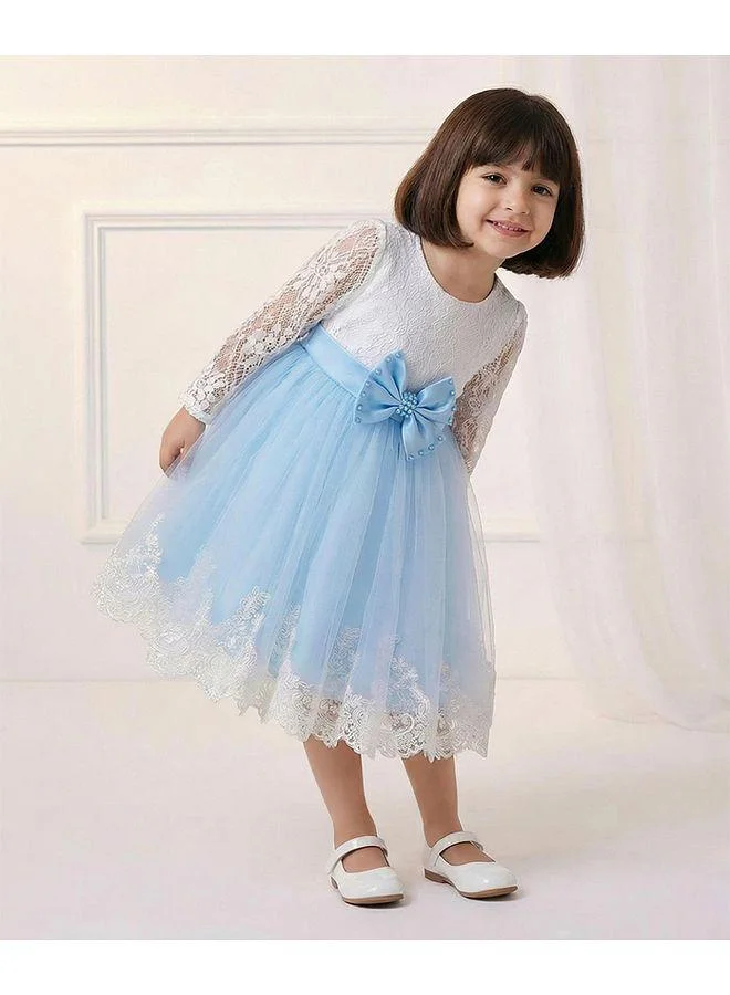 Mark & Mia Mark & Mia Bow Detailed Embroidered and Embellished Full Sleeves Frock - White and Blue