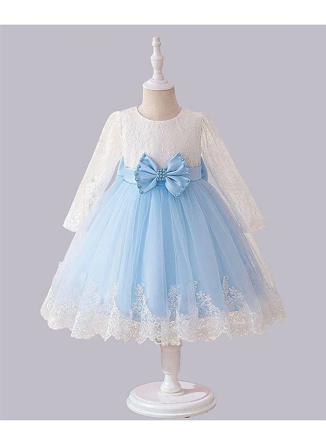 Mark & Mia Mark & Mia Bow Detailed Embroidered and Embellished Full Sleeves Frock - White and Blue