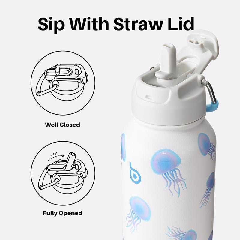bottle bottle زجاجة زجاجة 32 أونصة زجاجة ماء معزولة زجاجة ماء من الفولاذ المقاوم للصدأ مع تصميم غطاء مزدوج الاستخدام لصالة الألعاب الرياضية مع علبة حبوب (قنديل البحر الغبي) - Image 2