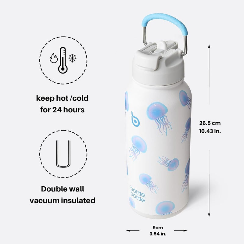 bottle bottle زجاجة زجاجة 32 أونصة زجاجة ماء معزولة زجاجة ماء من الفولاذ المقاوم للصدأ مع تصميم غطاء مزدوج الاستخدام لصالة الألعاب الرياضية مع علبة حبوب (قنديل البحر الغبي) - Image 5