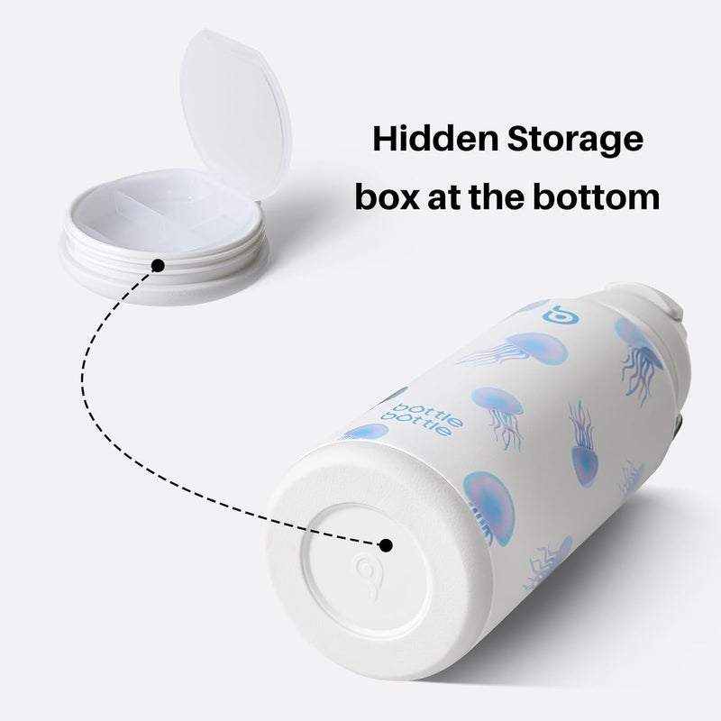bottle bottle زجاجة زجاجة 32 أونصة زجاجة ماء معزولة زجاجة ماء من الفولاذ المقاوم للصدأ مع تصميم غطاء مزدوج الاستخدام لصالة الألعاب الرياضية مع علبة حبوب (قنديل البحر الغبي) - Image 4