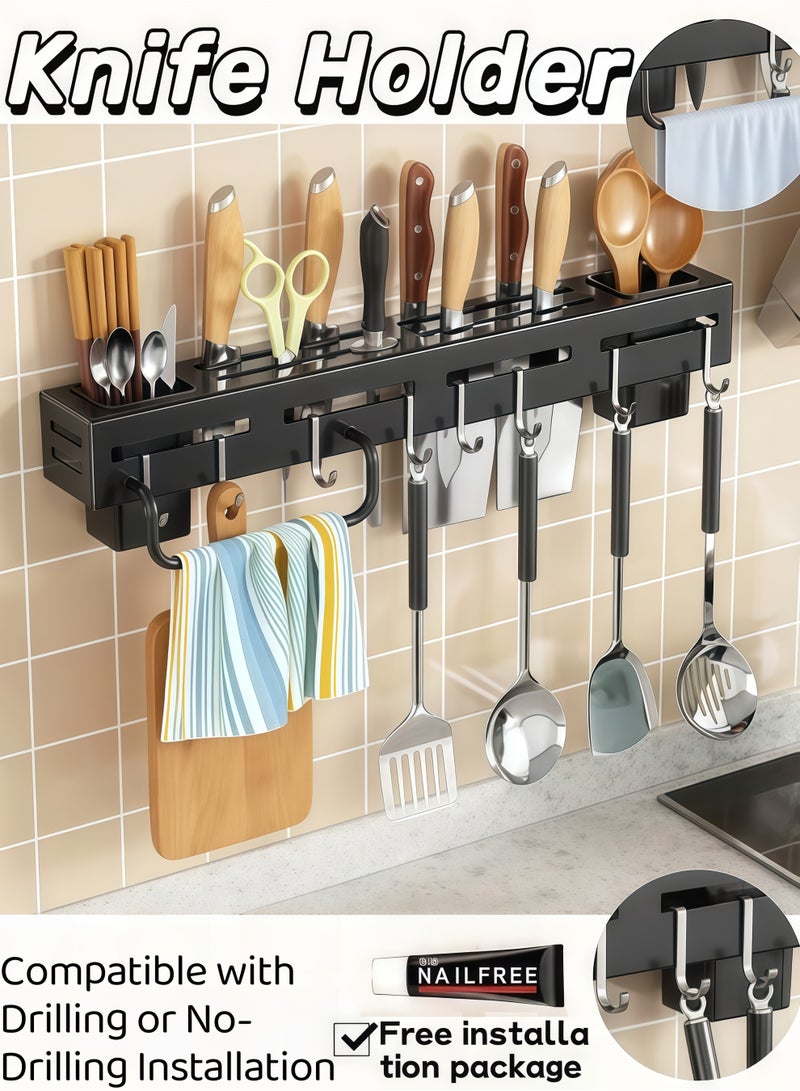 شو وو حامل سكاكين المطبخ ورف أدوات المطبخ من الفولاذ المقاوم للصدأ، حامل سكاكين مثبت على الحائط، رف توابل، لا يتطلب ثقبًا، رف تخزين للمطبخ مع 6 خطافات، حاملين لملعقتين وشوكة وعيدان تناول الطعام، قضيب منشفة، رف تخزين أدوات المائدة، حامل ملعقة وملعقة (الطول: 40 سم) - Image 1