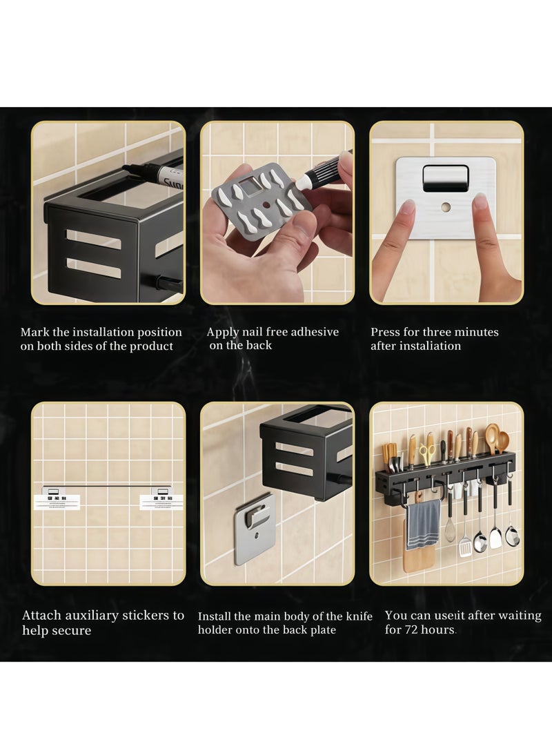 شو وو حامل سكاكين المطبخ ورف أدوات المطبخ من الفولاذ المقاوم للصدأ، حامل سكاكين مثبت على الحائط، رف توابل، لا يتطلب ثقبًا، رف تخزين للمطبخ مع 6 خطافات، حاملين لملعقتين وشوكة وعيدان تناول الطعام، قضيب منشفة، رف تخزين أدوات المائدة، حامل ملعقة وملعقة (الطول: 40 سم) - Image 3