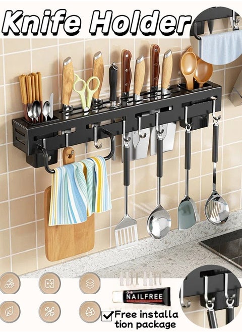 Kitchen Knife Rack, Wall Mounted Kitchen Organiser with 6 Hooks, 2 Chopstick Buckets, 1 Towel Bar, Cutlery Rack Organiser, Spatula and Spoon Hanger