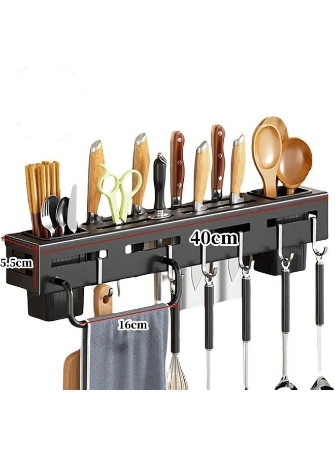 Kitchen Knife Rack, Wall Mounted Kitchen Organiser with 6 Hooks, 2 Chopstick Buckets, 1 Towel Bar, Cutlery Rack Organiser, Spatula and Spoon Hanger  - Image 2