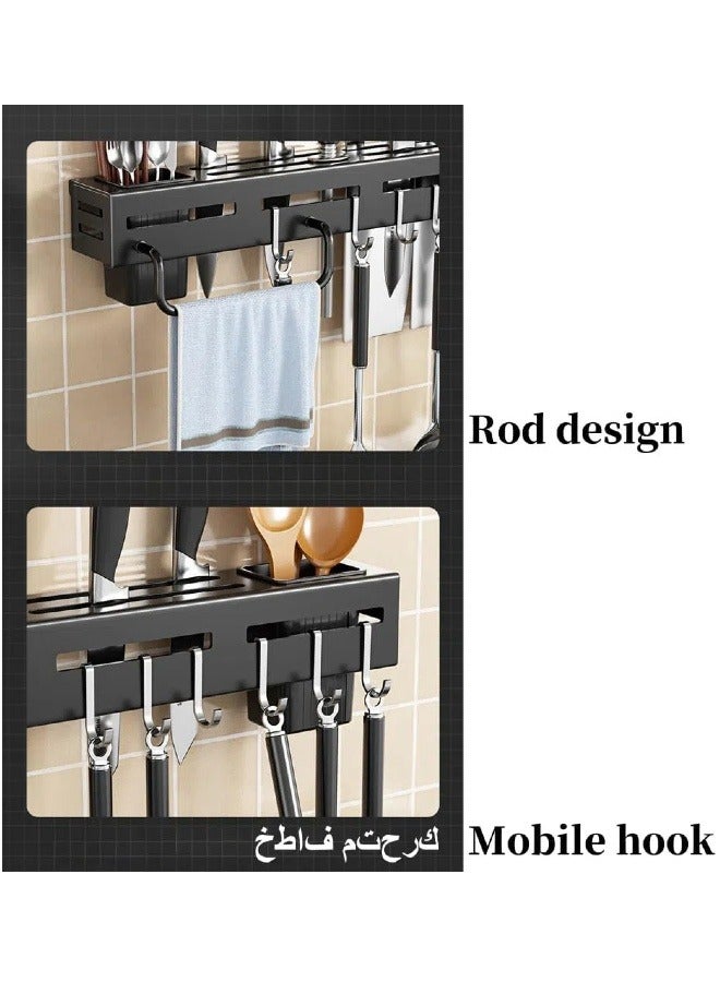 Kitchen Knife Rack, Wall Mounted Kitchen Organiser with 6 Hooks, 2 Chopstick Buckets, 1 Towel Bar, Cutlery Rack Organiser, Spatula and Spoon Hanger  - Image 5