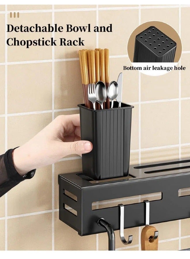 Kitchen Knife Rack, Wall Mounted Kitchen Organiser with 6 Hooks, 2 Chopstick Buckets, 1 Towel Bar, Cutlery Rack Organiser, Spatula and Spoon Hanger  - Image 4