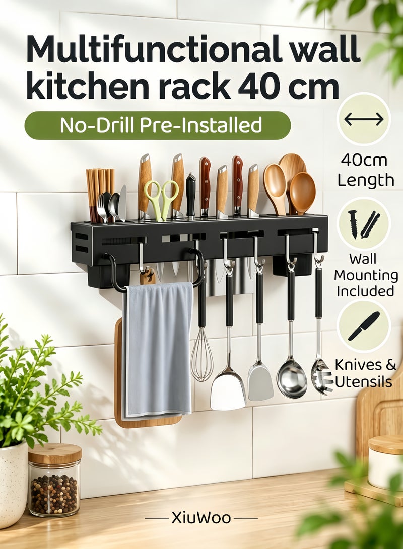 XiuWoo 40cm Stainless Steel Knife Holder,Wall-Mounted Knife Block,Multifunctional Cutlery Holder for Knives, Scissors & Utensils,No Punching Required Kitchen Storage Rack with 6 Hooks,2 Spoon Fork and Chopstick Holders,1 Towel Rod,for Cutlery Storage Rack,Spatula and Spoon Hanger - Image 1
