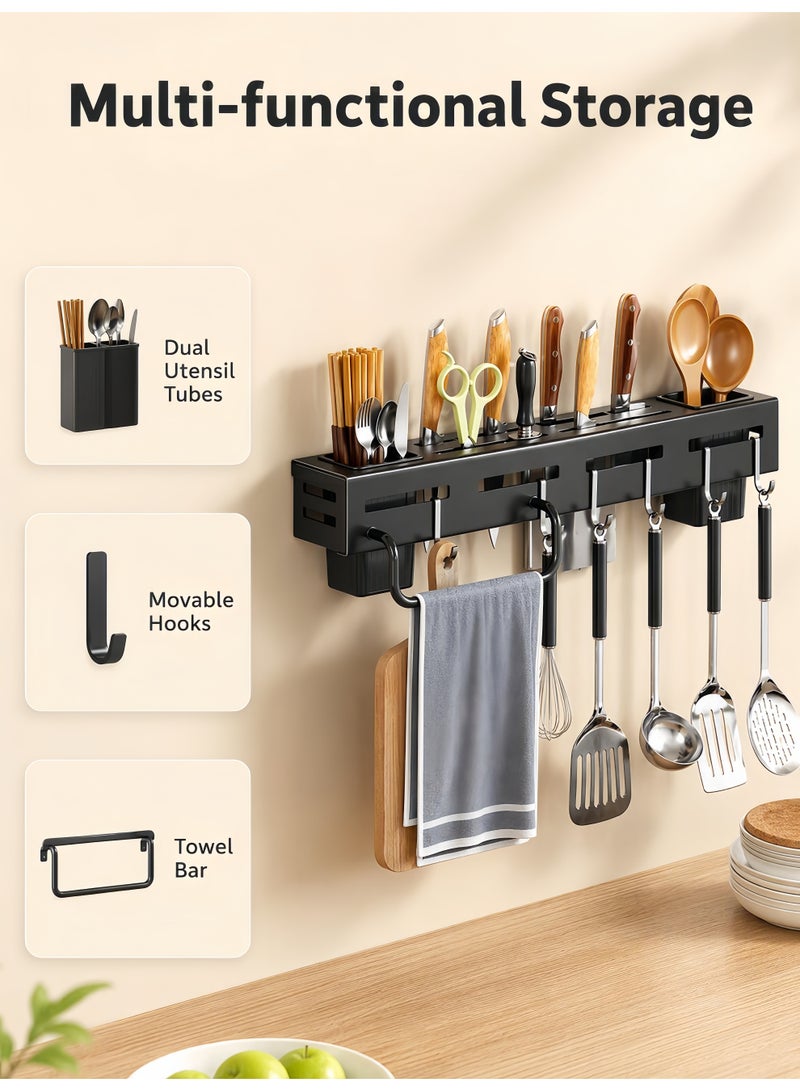 XiuWoo 40cm Stainless Steel Knife Holder,Wall-Mounted Knife Block,Multifunctional Cutlery Holder for Knives, Scissors & Utensils,No Punching Required Kitchen Storage Rack with 6 Hooks,2 Spoon Fork and Chopstick Holders,1 Towel Rod,for Cutlery Storage Rack,Spatula and Spoon Hanger - Image 5