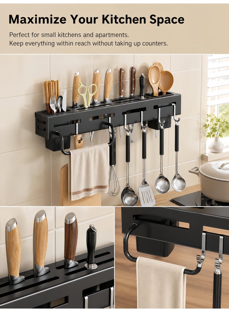 XiuWoo 40cm Stainless Steel Knife Holder,Wall-Mounted Knife Block,Multifunctional Cutlery Holder for Knives, Scissors & Utensils,No Punching Required Kitchen Storage Rack with 6 Hooks,2 Spoon Fork and Chopstick Holders,1 Towel Rod,for Cutlery Storage Rack,Spatula and Spoon Hanger - Image 4