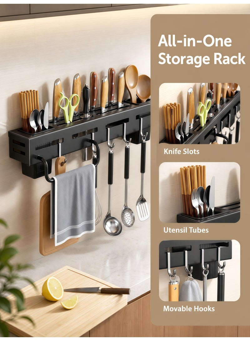 XiuWoo 40cm Stainless Steel Knife Holder,Wall-Mounted Knife Block,Multifunctional Cutlery Holder for Knives, Scissors & Utensils,No Punching Required Kitchen Storage Rack with 6 Hooks,2 Spoon Fork and Chopstick Holders,1 Towel Rod,for Cutlery Storage Rack,Spatula and Spoon Hanger - Image 2