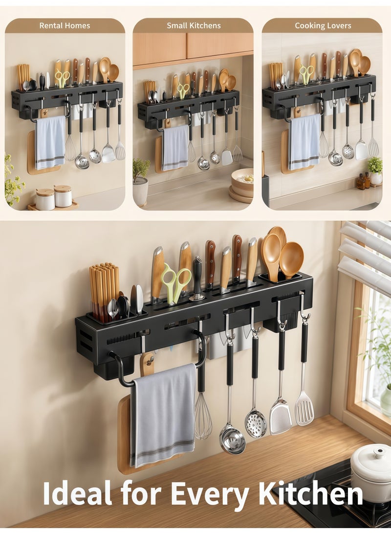 XiuWoo 40cm Stainless Steel Knife Holder,Wall-Mounted Knife Block,Multifunctional Cutlery Holder for Knives, Scissors & Utensils,No Punching Required Kitchen Storage Rack with 6 Hooks,2 Spoon Fork and Chopstick Holders,1 Towel Rod,for Cutlery Storage Rack,Spatula and Spoon Hanger - Image 3