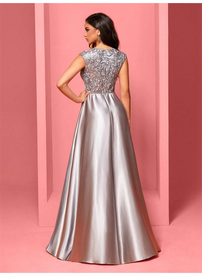 Madam Uniq New Elegant Gray Floral Embroidered Sleeveless V-Neck Mermaid Evening Dress A-Line Gown  - Image 2