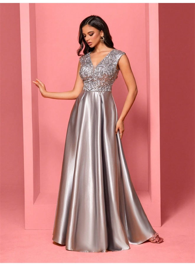Madam Uniq New Elegant Gray Floral Embroidered Sleeveless V-Neck Mermaid Evening Dress A-Line Gown  - Image 5