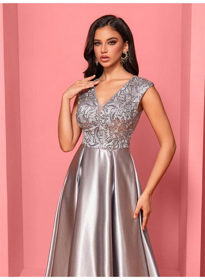 Madam Uniq New Elegant Gray Floral Embroidered Sleeveless V-Neck Mermaid Evening Dress A-Line Gown  - Image 4