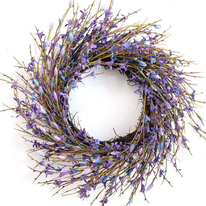 18INCH ARTIFICIAL FORSYTHIA FLOWER WREATH ALL YEAR AROUND WREATH FOR FRONT DOOR WEDDING WINDOW HOME WALL INDOOR FRONT DOOR DECOR PURPLE 18IN