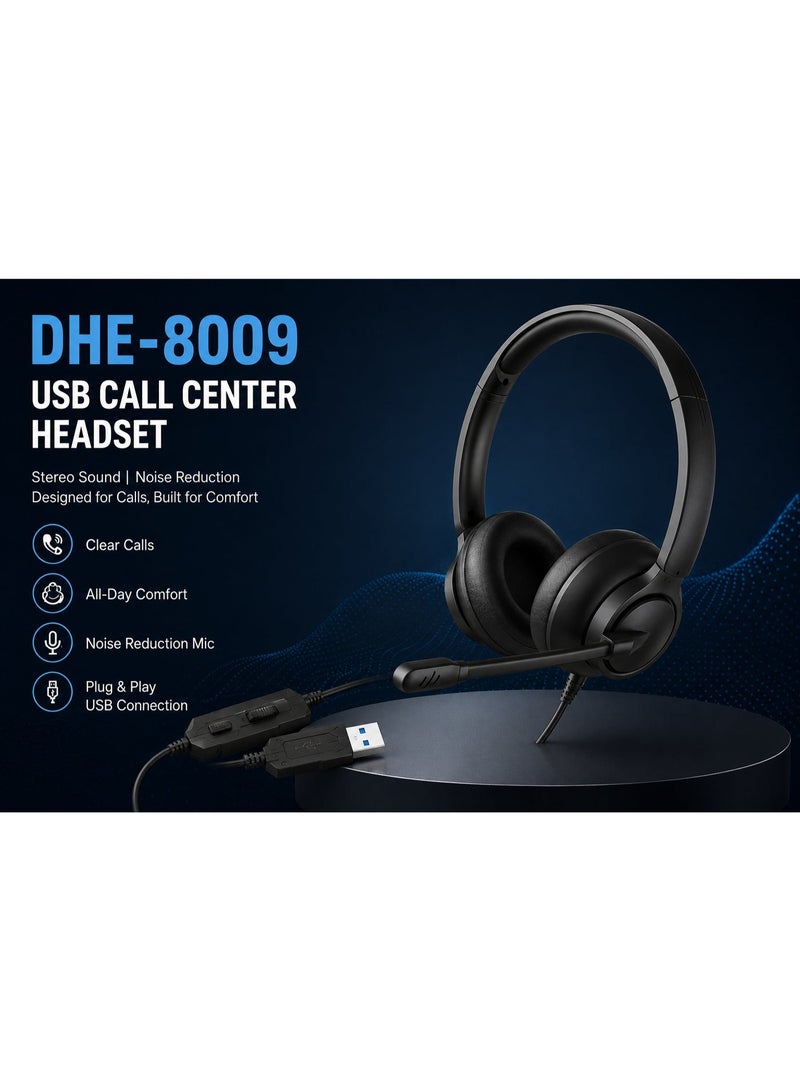HP سماعة رأس DHE-8009 USB لمركز الاتصال - صوت ستيريو - تحكم مدمج في مستوى الصوت - زر كتم الصوت - ميكروفون واضح الصوت - Image 5