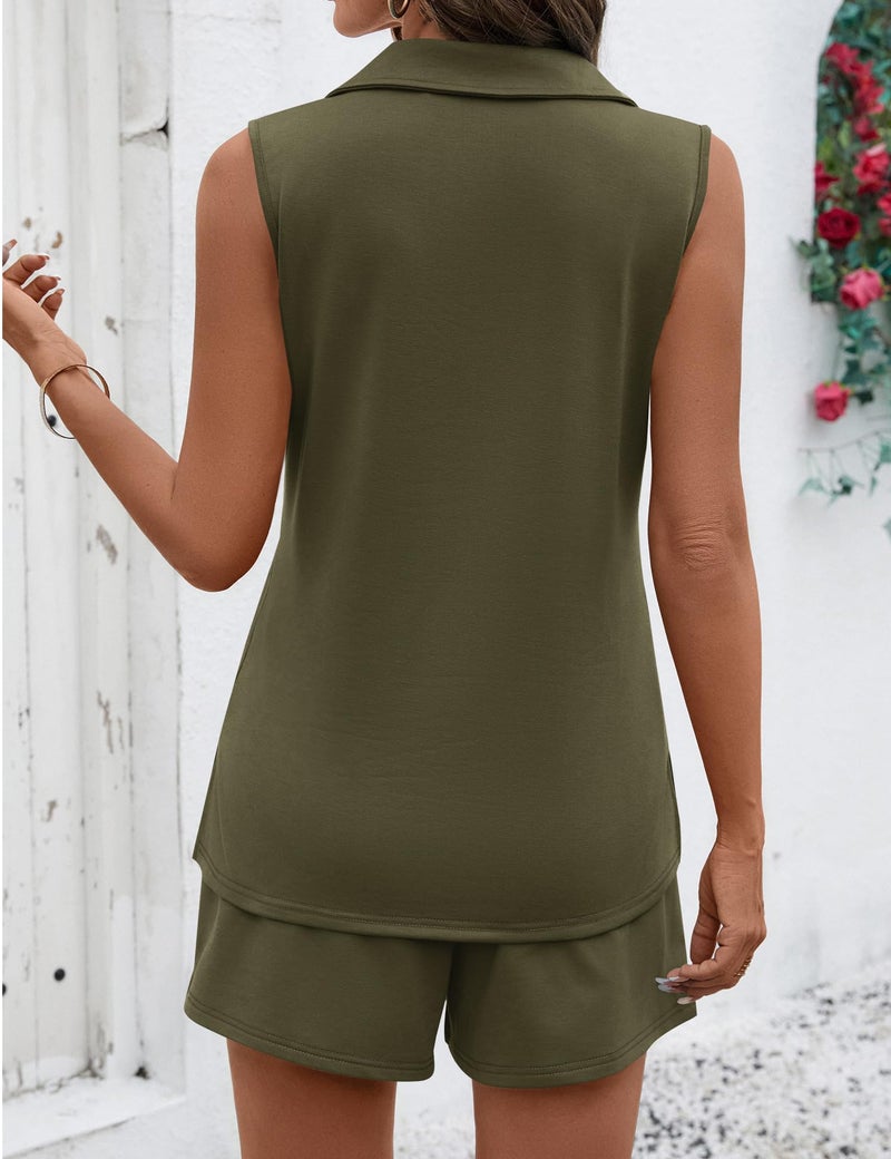 Rapbin 2 Piece Short Sets for Women Summer matching Vacation Clothes Sleeveless Airport Travel Outfits Lounge Set (Army Green, M) - Image 5