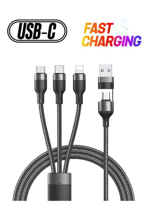 سلك شاحن، كابل شحن متعدد 3A، USB A/USB C إلى 5 في 1 سلك شاحن سريع مجدول من النايلون لأجهزة Lightning وMicro USB وType C، مناسب لهاتف iPhone وAndroid وPixel وSony وLG وهواوي، 1.2 متر، أسود