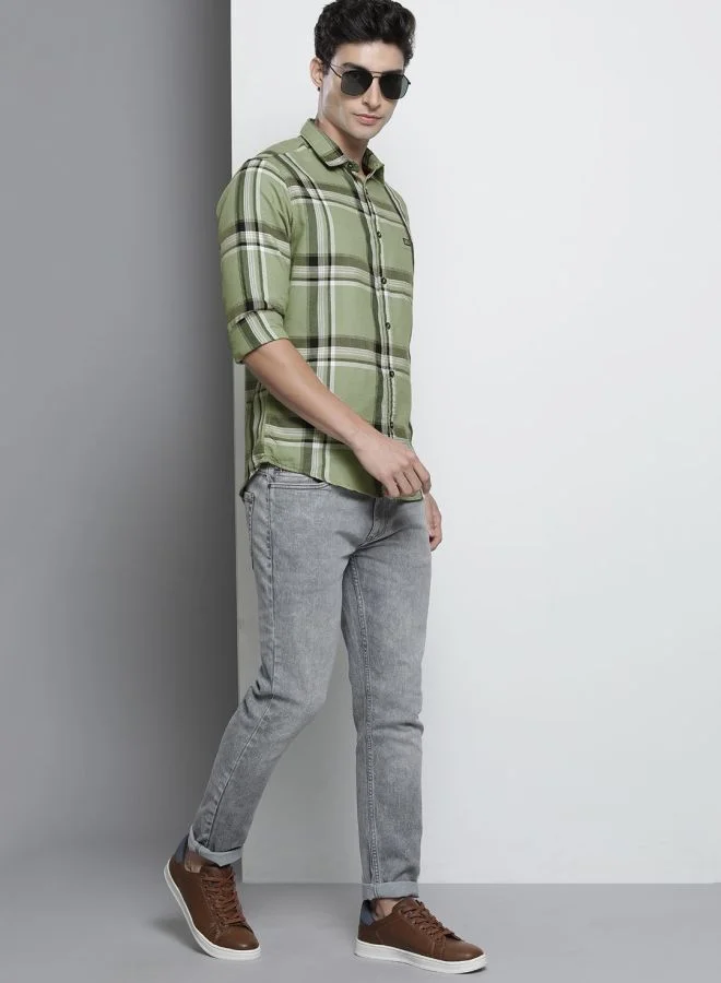 شركة المرآب الهندية Men Slim Fit Checkered Full Sleeves Spread Collar Casual Shirt