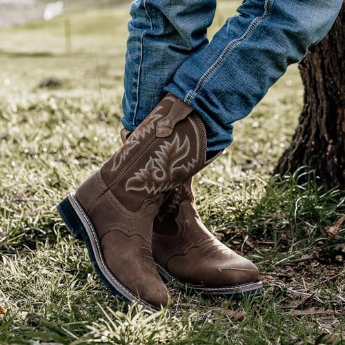 HISEA NINGO Steel Toe Work Boots for Men, Waterproof Slip on Square Toe Western Cowboy Boots, Comfortable Pull on Safety Work Shoes for Construction Industrial Working Welding Riding, Dark Brown - Image 4