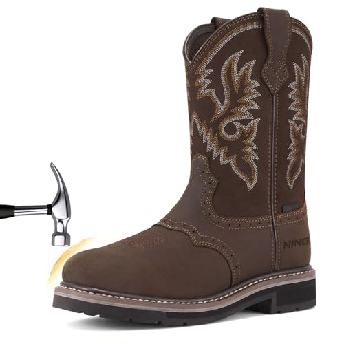 HISEA NINGO Steel Toe Work Boots for Men, Waterproof Slip on Square Toe Western Cowboy Boots, Comfortable Pull on Safety Work Shoes for Construction Industrial Working Welding Riding, Dark Brown - Image 1