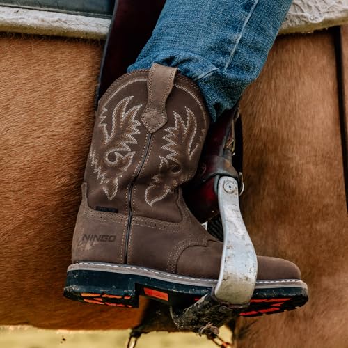 HISEA NINGO Steel Toe Work Boots for Men, Waterproof Slip on Square Toe Western Cowboy Boots, Comfortable Pull on Safety Work Shoes for Construction Industrial Working Welding Riding, Dark Brown - Image 5