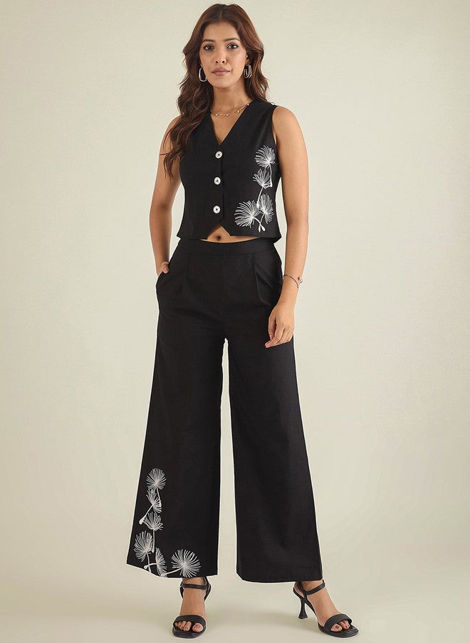 WineRed Black Embroidered Sleeveless V-Neck Waistcoat with Trousers - Image 1