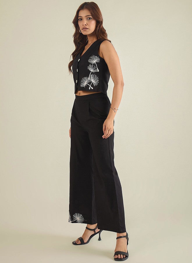 WineRed Black Embroidered Sleeveless V-Neck Waistcoat with Trousers - Image 4