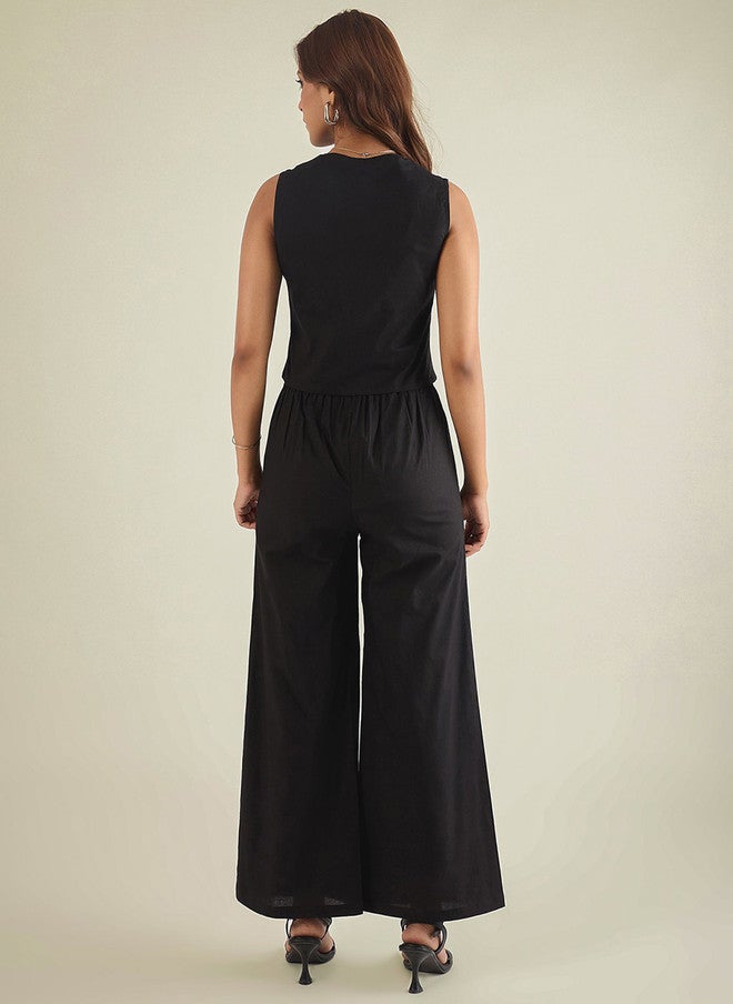 WineRed Black Embroidered Sleeveless V-Neck Waistcoat with Trousers - Image 5