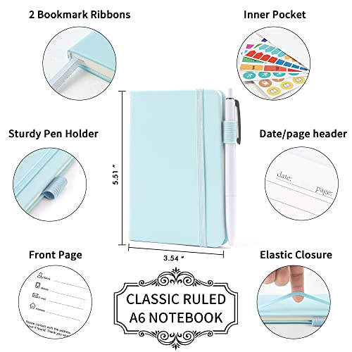 feela 3 Pack Pocket Small Notebook Journals, Mini Cute Memo Notepad Hardcover College Ruled Lined Journals with Pen Holder for Women Girls Office School, with 3 Black Pens, 3.5”x 5.5”, A6, Sky Blue - Image 2