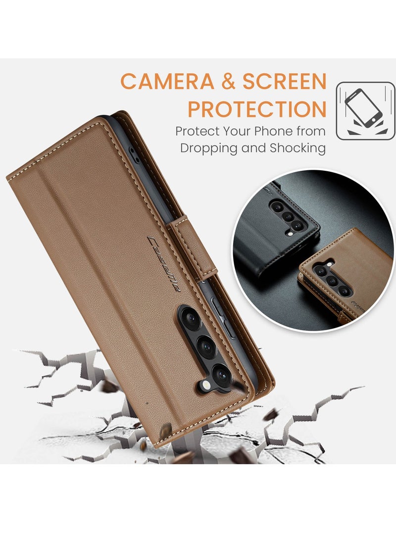 CaseMe Flip Wallet Case For Samsung Galaxy S24 , [RFID Blocking] PU Leather Wallet Flip Folio Case with Card Holder Kickstand Shockproof Phone Cover (Brown)  - Image 4