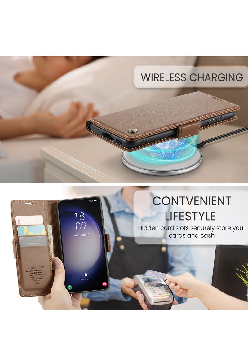 CaseMe Flip Wallet Case For Samsung Galaxy S24 , [RFID Blocking] PU Leather Wallet Flip Folio Case with Card Holder Kickstand Shockproof Phone Cover (Brown)  - Image 3