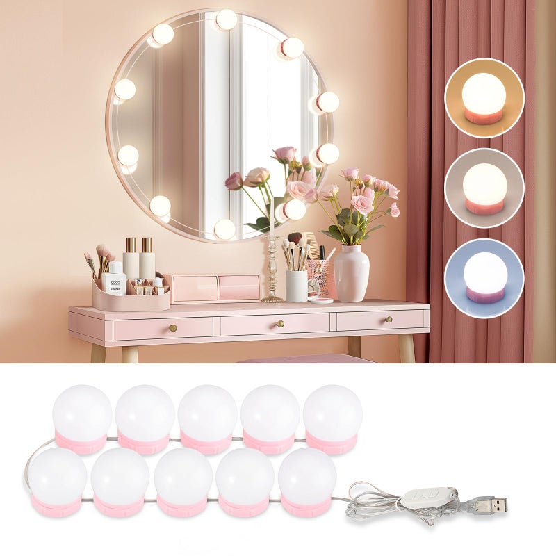 أضواء ف vanity LED من Consciot لمرآة على طراز هوليوود مع 10 لمبات قابلة للتعتيم وضبط سطوع الألوان وكابل USB لأضواء المرايا اللاصقة لطاولة المكياج وغرفة تغيير الملابس