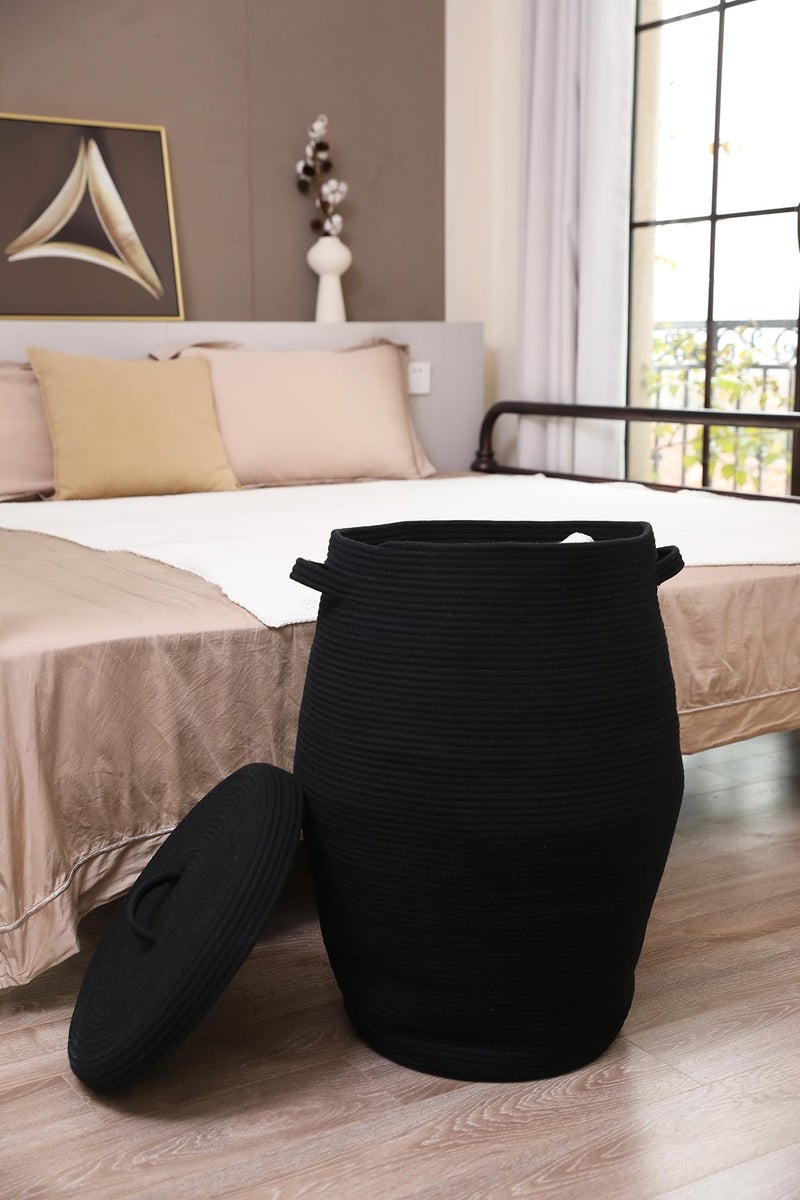 Cottonphant 26"x20" Handcrafted Tall Cotton Rope Basket with Lid, Stylish Flagon Shape with Cover, Clothes Hamper with Top, for Bedroom and Living Room, Jute/Black Mix - Image 3