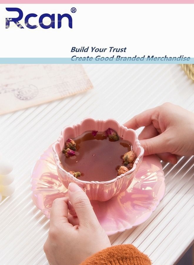 Rcan Flower Shape Pearl Pink Coffee Cup Saucer Set Ceramic Cup Gift Tea Cup Afternoon Tea Water Juice Coffe Milk Breakfast Coffee Mug For Women Adults - Image 3