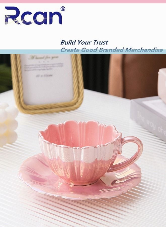Rcan Flower Shape Pearl Pink Coffee Cup Saucer Set Ceramic Cup Gift Tea Cup Afternoon Tea Water Juice Coffe Milk Breakfast Coffee Mug For Women Adults - Image 5